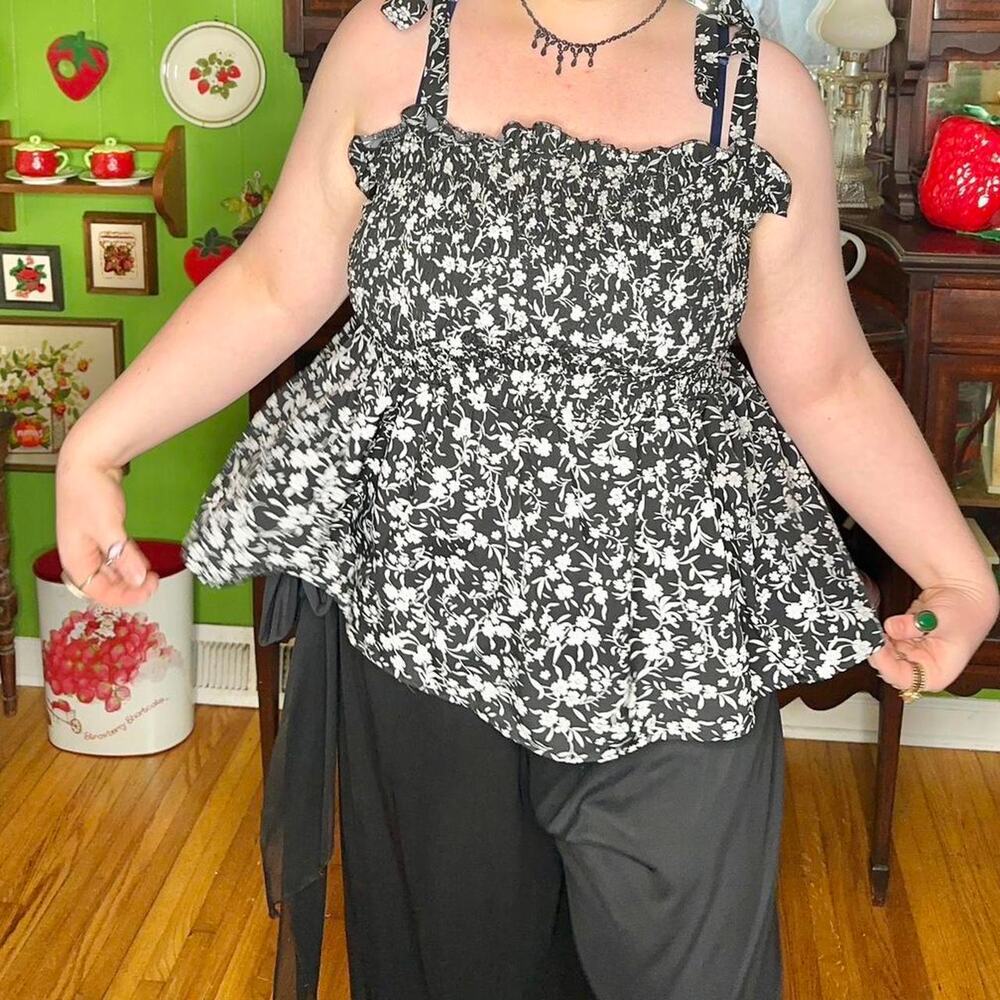 Plus size floral print baby doll smocked stretchy shirring bust waist tank top